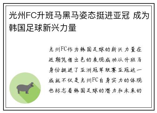 光州FC升班马黑马姿态挺进亚冠 成为韩国足球新兴力量 光州FC升班马黑马姿态挺进亚冠 成为韩国足球新兴力量