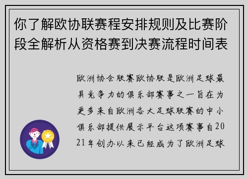 你了解欧协联赛程安排规则及比赛阶段全解析从资格赛到决赛流程时间表详解 你了解欧协联赛程安排规则及比赛阶段全解析从资格赛到决赛流程时间表详解